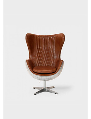 Front Angle of leather and stainless steel Egg Chair on white background